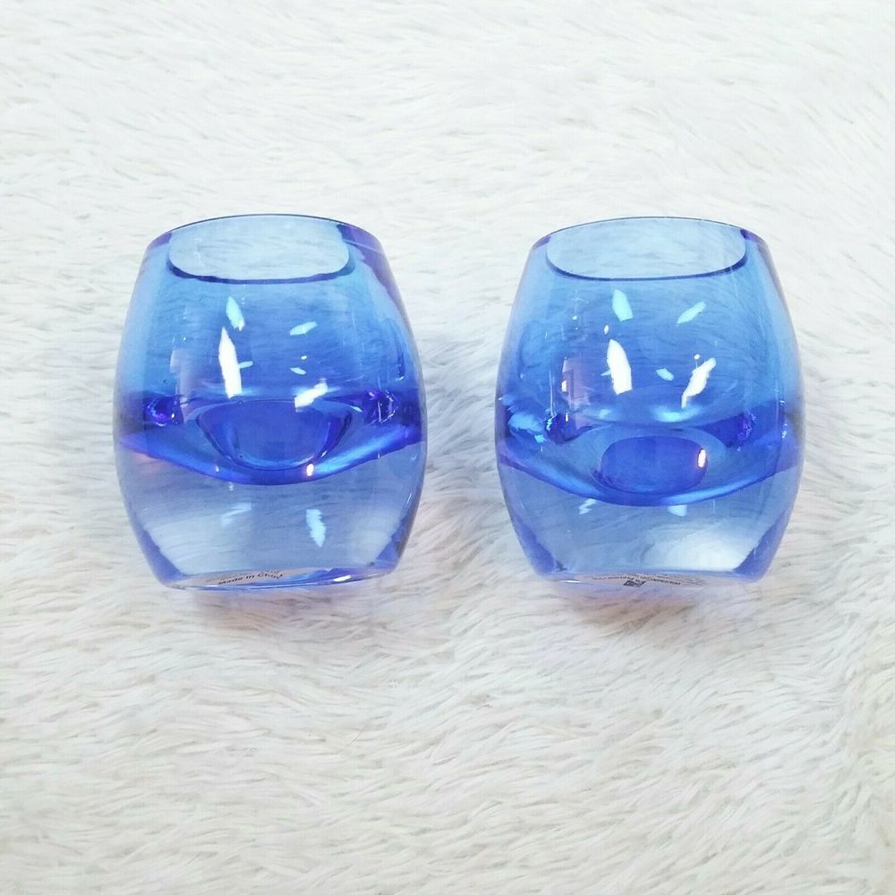 HG Global Blue Glass Tea Light Holder Set of 2